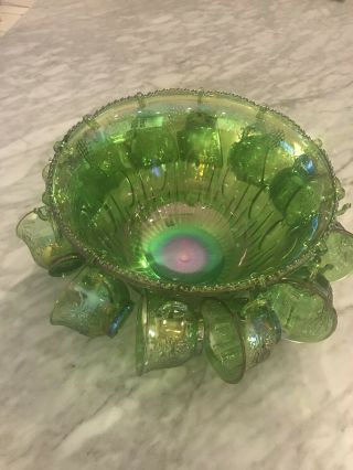 Vintage Green Carnival Glass Punch Bowl,  12 Cups & 12 Hooks