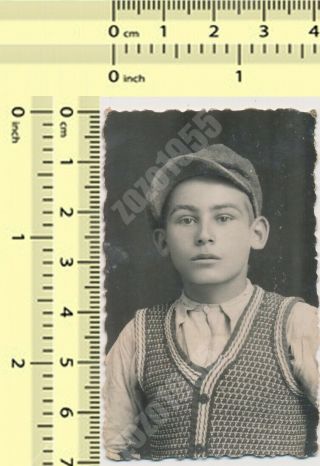Elegant Boy Kid In Sweater & Newsboy Cap Elegant Fashionable Vintage Photo Orig.