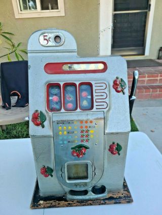Vintage Mills 5 Cent Black Cherry Mechanical Slot Machine 1940s As - Is