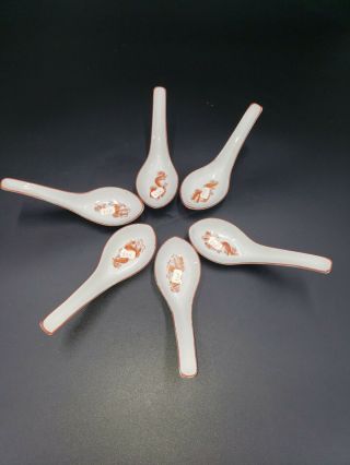 Asian Porcelain Soup Rice Spoons Vintage Dragon Japan Set Of (6) Nos Red/white