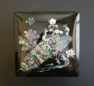 Vintage Japanese Black Lacquer Jewelry Box Mother - Of - Pearl Inlay Tortoise Lock