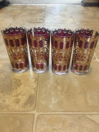 4 Vintage Culver 22kt Gold Scroll Highball Cranberry Red Glasses
