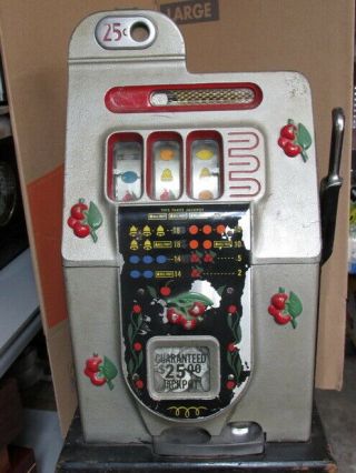 Antique 1946 Mills 25 Cent Black Cherry Slot Machine With Stand Great