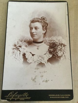 Late 19th C.  Cabinet Card Photo Lady With Feathers,  Heart Necklace,  Lace Etc