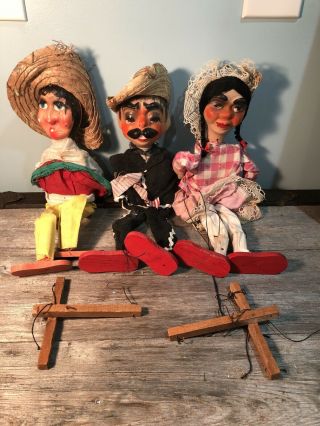 Vintage Mexican Man & Woman Marionette Folk Art Wooden Sombrero String Puppets