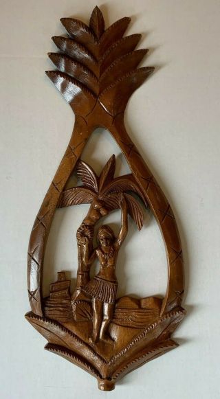 Vintage Wooden Carving Of Hula Girl In Pineapple Hawaii Wood Tiki Bar Tiki