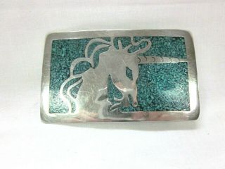 Unicorn Belt Buckle Vintage Handmade Turquoise Chip Mexico Alpaca Silver Inlay