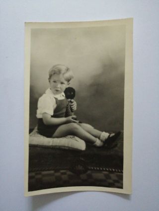 Vintage Photo Little Boy With Black Plush Toy Doll