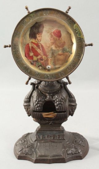 Rare Antique 19thc Cast Iron Brass Roulette Wheel Trade Stimulator & Match Safe