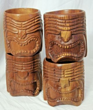 Vtg Mcm Set Of 4 Hand Carved Wood Tiki Mugs 10 Oz Tooth Koa Monkey Pod Nwt