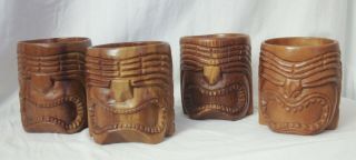 Vtg MCM Set of 4 Hand Carved Wood Tiki Mugs 10 oz Tooth Koa Monkey Pod NWT 2