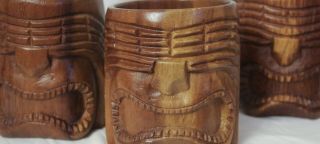 Vtg MCM Set of 4 Hand Carved Wood Tiki Mugs 10 oz Tooth Koa Monkey Pod NWT 3