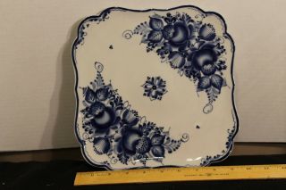 Vintage Russian 9 - 3/4 " Square Heavy Porcelain Plate Blue Flowers & Edge