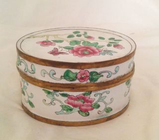 Vintage Chinese Cantonese Enamel Box With Flowers & Butterfly.