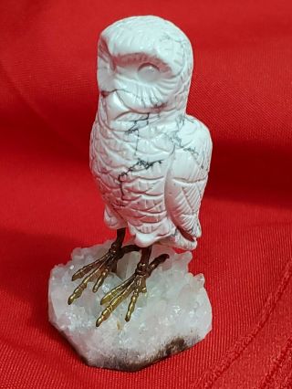 Vintage Miniature Owl Indian Fetish Carved Gemstone On Quartz 3 " Marble Bird