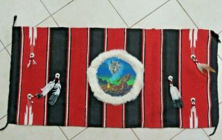 Native American Wool Rug/wall Hanging W/artwork,  Feathers,  Beads