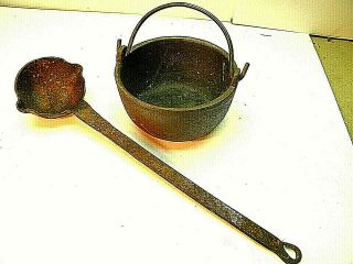 Vintage Cast Iron Lead Melting Pot And Ladle.  Ladle Is Blacksmith Anvil Forged