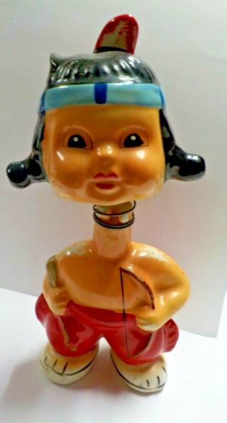 Vintage Hand Painted Bobble Head Indian Boy W/ Bow & Arrow Made In Japan