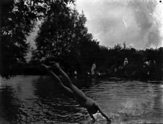 vintage photo negative school sports day SWIMMING BOY DIVING INTO WATER 1900 ' s 2