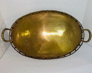 Vintage Mid Century Hollywood Regency Brass Large Serving Tray Bamboo Design
