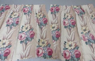 Vtg.  40s,  50s Pair Glen Court Barkcloth Drape,  Curtain Panels,  Shades Of Pink Floras