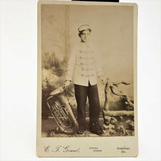 Antique Cabinet Card Photo Of Id’d Man George Rinhart Band Uniform And Euphonium