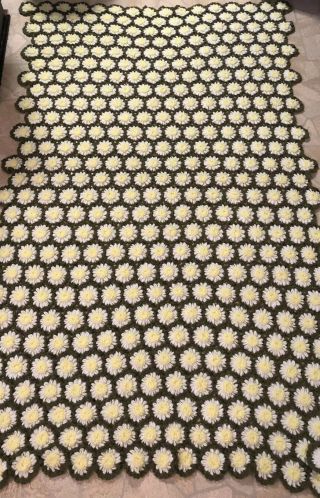 Vintage Handmade Crochet Blanket Afghan Yellow Green 3d Daisy Flowers 72 X 46