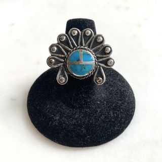 Vtg Zuni Sterling Silver Turquoise Inlay Sun Face Chief Ring Size 6.  25 Signed Kl