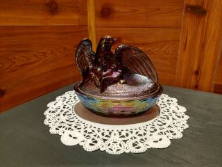 Vintage Signed Fenton Purple Carnival Glass Eagle On Nest Covered Dish