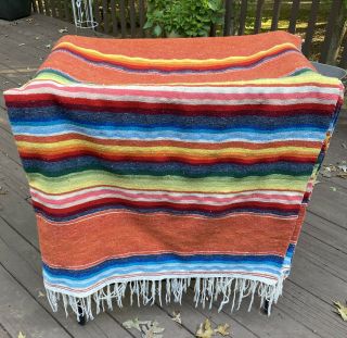 Vintage Aztec Serape Mexican Blanket Multicolor Large 62x92 Picnic Throw Rainbow