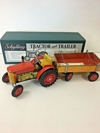Schylling Tractor & Trailer Wagon Wind - Up Farm Toy Lithograph Print Metal No Key