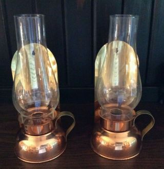Vintage Pr Copper Candle Holders W/reflector Wall Sconces W/brass Handles - Exc