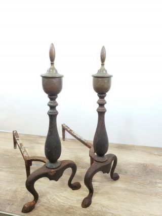 Vintage Cast Iron And Brass Fire Place Andiron Set 1928 Fireplace Grate Stand