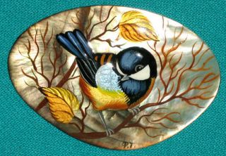 " Bird Titmouse " Russian Hand Painted Fedoskino Mother - Of - Pearl Brooch -