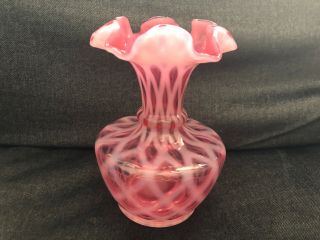 Vintage Fenton Cranberry Opalescent Glass Vase Diamond Optic Gorgeous