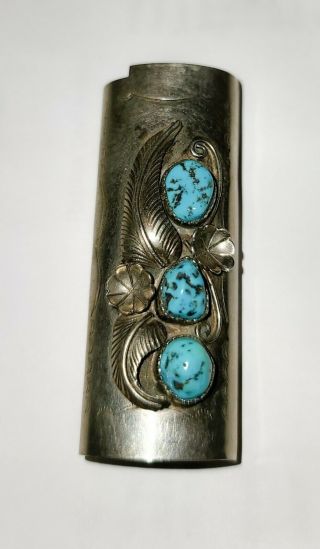 Vintage Navajo Nickel Silver Squash Blossom Turquoise Lighter Case