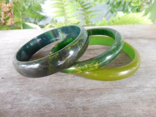3 Vintage Green Bakelite Bangle Bracelets 2 Marbled 1 Solid Color