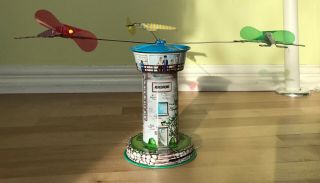Vintage Schylling Aerodrome Tin Litho Control Tower,  Wind Up Toy,  1950s,