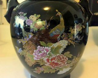 Vintage Black Japanese Porcelain Vase With Handles Ht.  - 6 1/2 " Gold Embossed Scene
