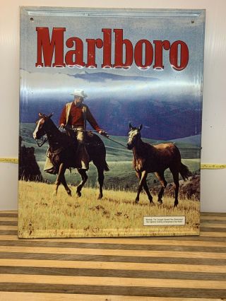 Vintage Marlboro Metal Sign With Horses And Cowboy Hard To Find Version Mancave