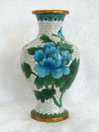 Chinese Cloisonne Enamel Brass Blue Floral With Bird 6.  25 " Vintage Vase