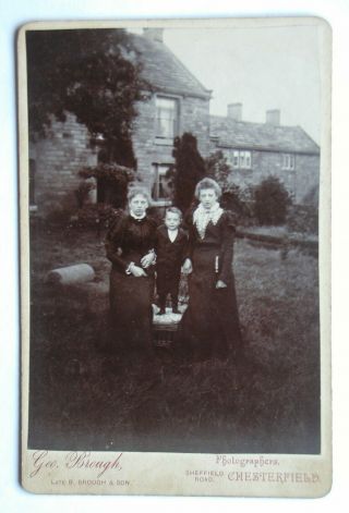 Cabinet Photo: Two Young Woman & A Boy With A Backdrop Of Houses.  Chesterfield