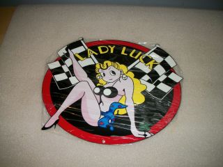 Vintage Speed Shop Lady Luck Pin Up Model 11 3/4 " Metal Gas Oil Sign