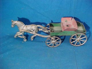 Early 20thc Cast Iron Horse Drawn Tin Toy Cart 8 " Orig Paint