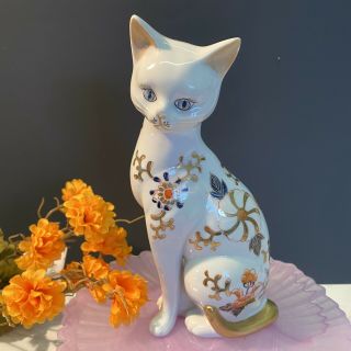 Vintage Imari Japan Sitting Cat Figurine Hand Painted Gold Trim Porcelain 8.  25”