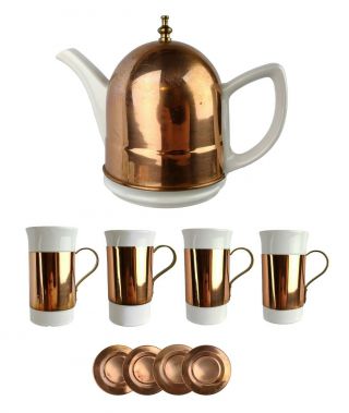 Vtg Baker Hart Stuart Teapot Copper Cover 4 Coasters Mug Holders Porcelain Cups
