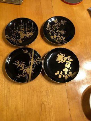 Set Of 4 Asian Black Laquer Small Plates Hand Painted Gold Floral 6.  5”