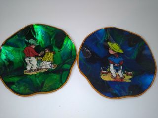 Mexican Folk Art Hand Painted Pottery Plate Decorative Wall Hanging Set Of Two.