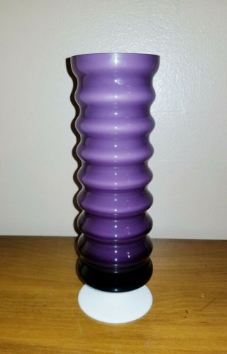 Vintage Cased Mcm Art Glass Vase Purple White Rings