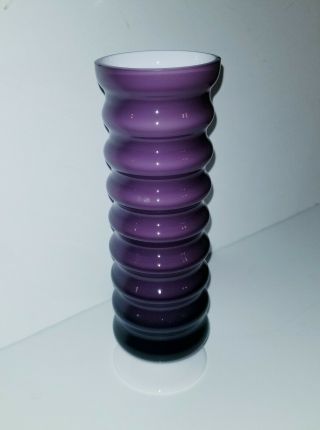 Vintage Cased MCM Art Glass Vase purple white rings 2